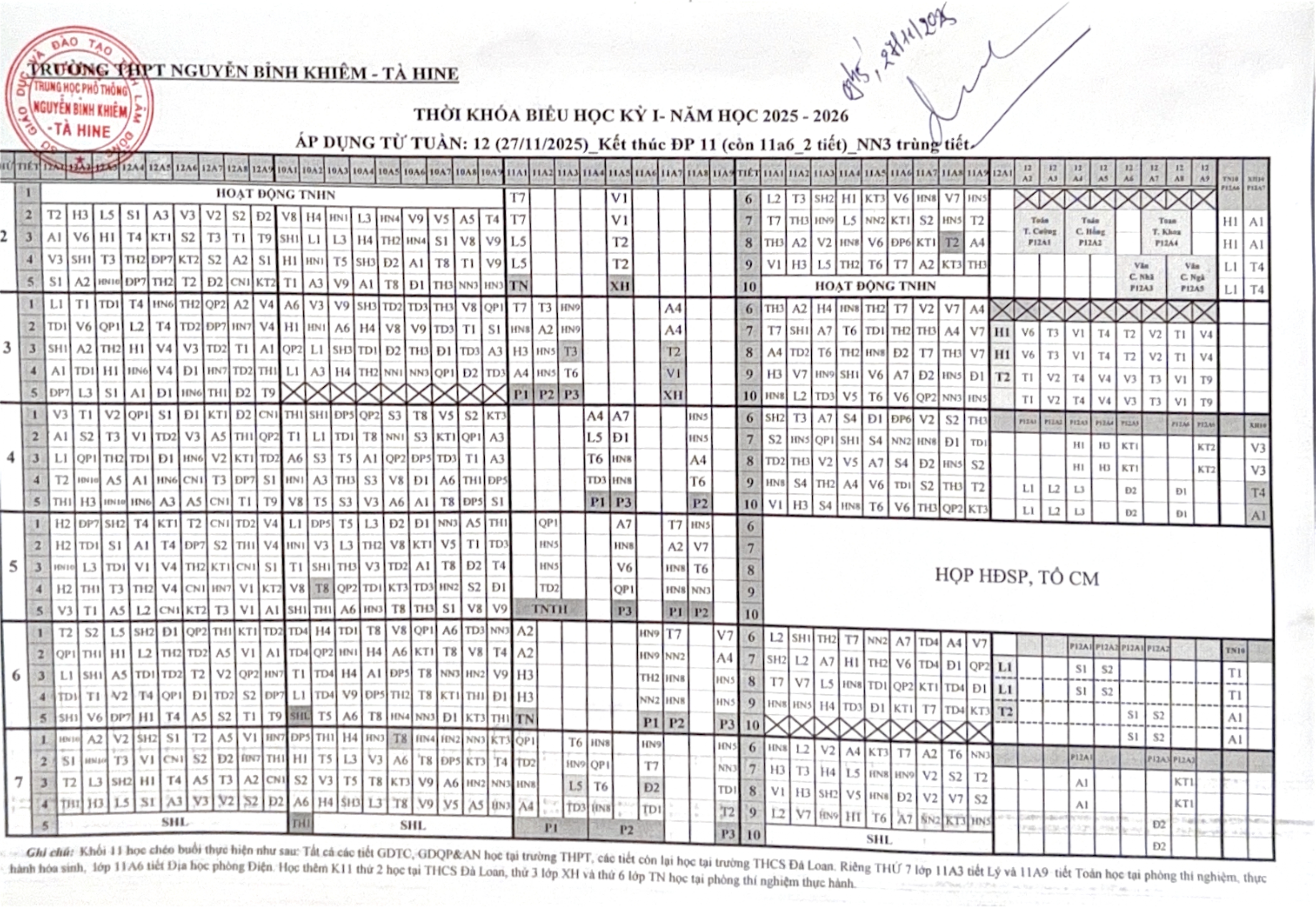 THỜI KHOÁ BIỂU TUẦN 12