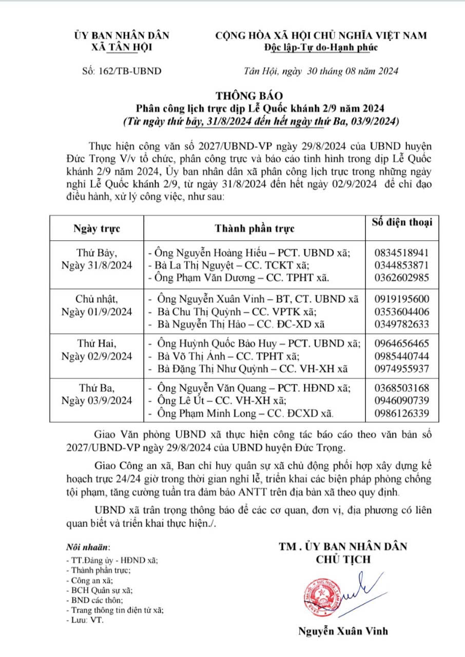 UBND xã Tân Hội thông báo phân công lịch trực dịp lễ Quốc Khánh 2/9/2024