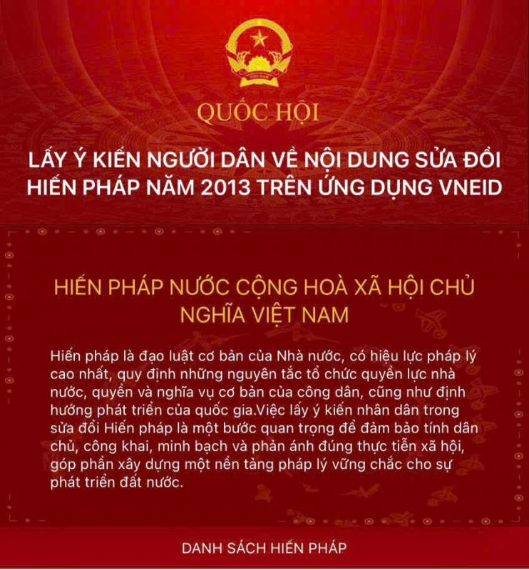 Hướng dẫn người dân thực hiện góp ý sửa đổi, bổ sung một số điều của Hiến pháp nước Cộng hòa xã hội chủ nghĩa Việt Nam năm 2013 trên ứng dụng VNeID.