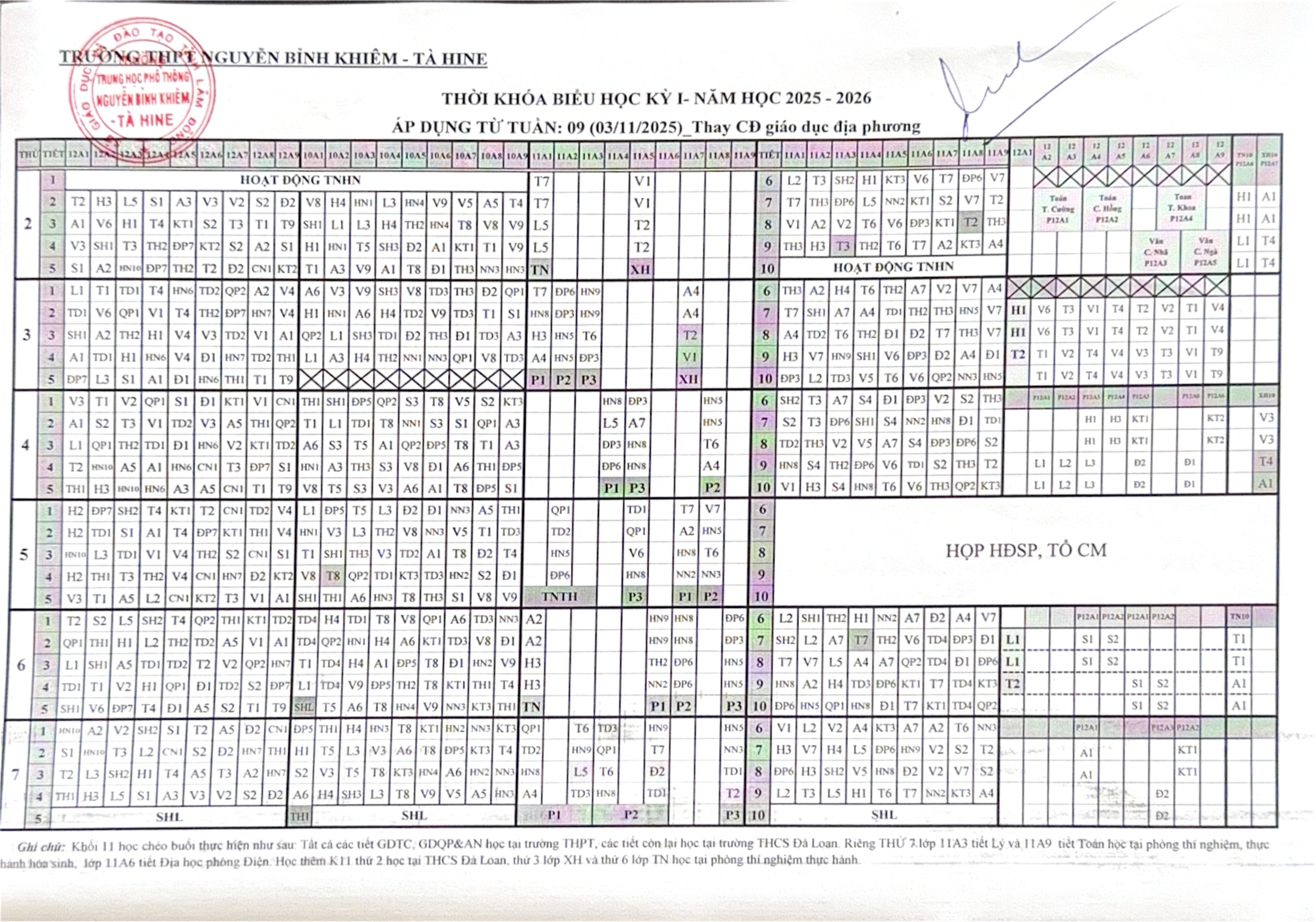 THỜI KHOÁ BIỂU TUẦN 9